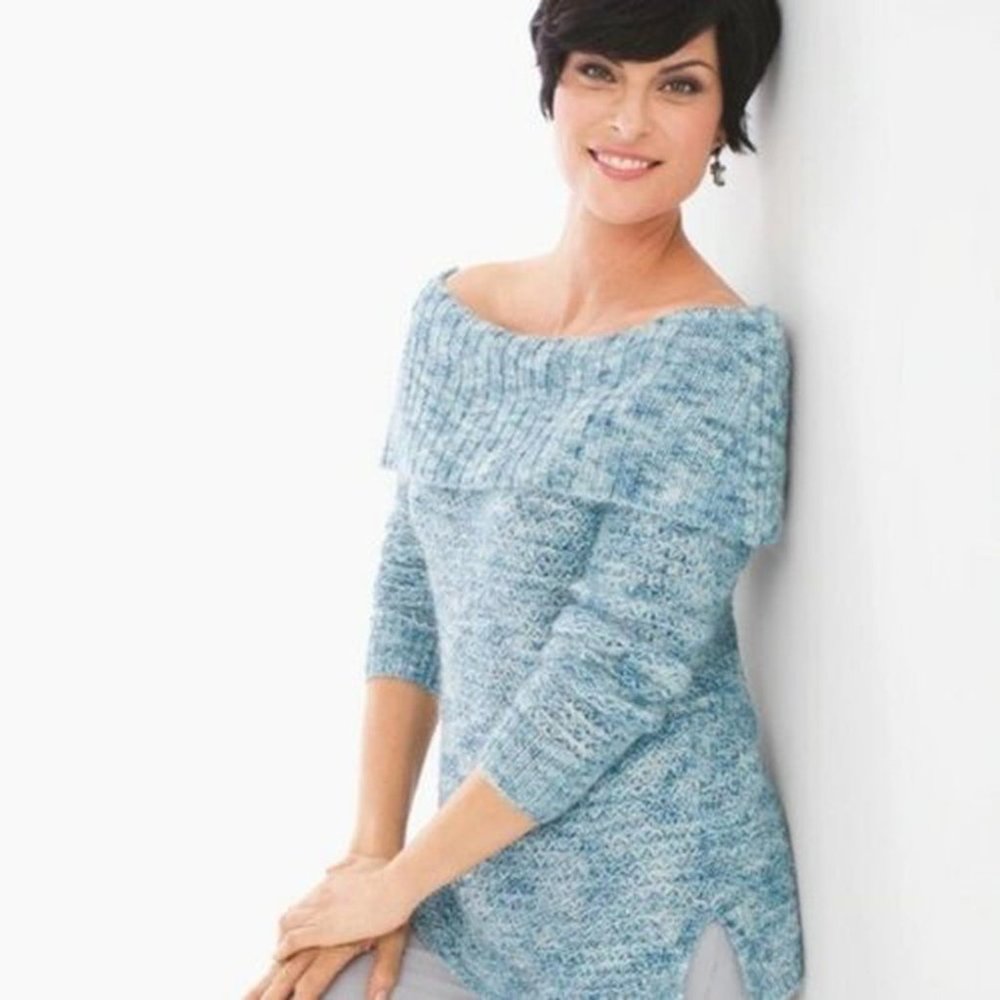 CHICOS Blue Sequin Boat Off Shoulder Knit Sweater